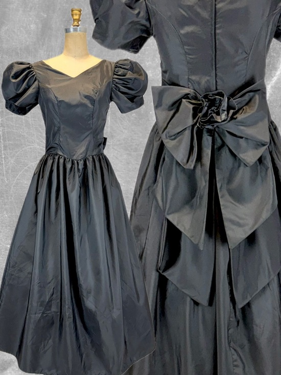 Vintage Dresses & Skirts - VINTAGE 80s black taffeta formal dress prom gown huge bow puff shoulder sleeve